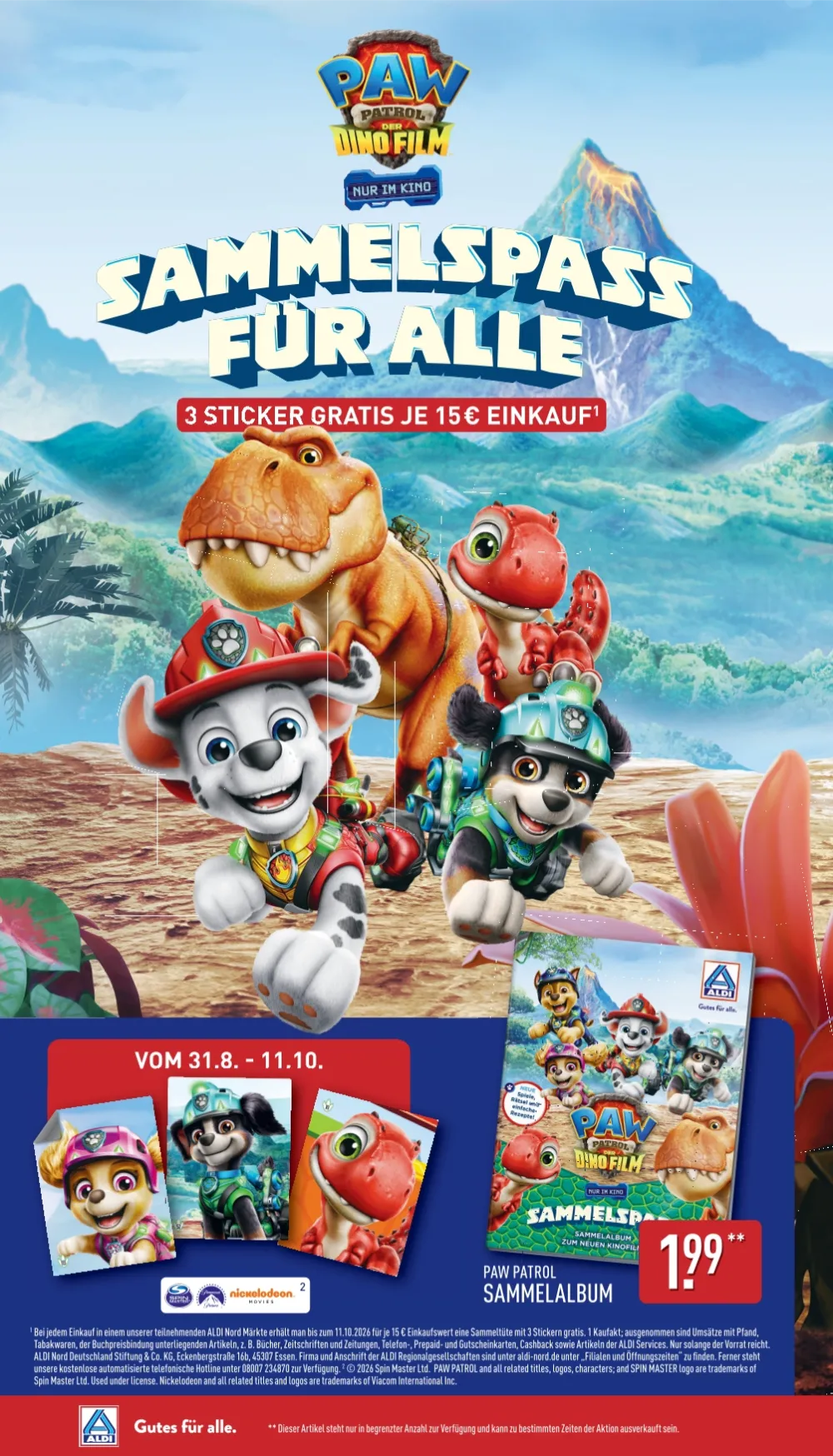 ALDI Nord Prospekt KW41 Seite 6 mit Paw Patrol Der Dino Film Sammelalbum und Gratis-Stickern.