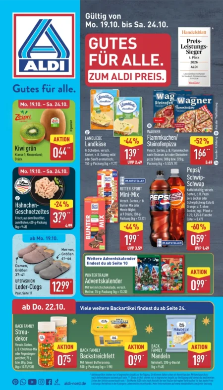 Aldi Nord Prospekt ab 19.10.2026 (KW 43) Aldi Nord Prospekt ab 19.10.2026 Seite 1 mit Kiwi grün, Landliebe Landkäse, Wagner Flammkuchen & Ritter Sport Mini-Mix