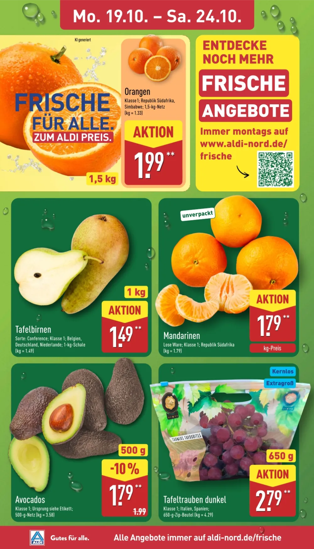 Aldi Nord Prospekt KW 43 Seite 2 mit Orangen, Tafelbirnen, Mandarinen, Avocados & Tafeltrauben dunkel