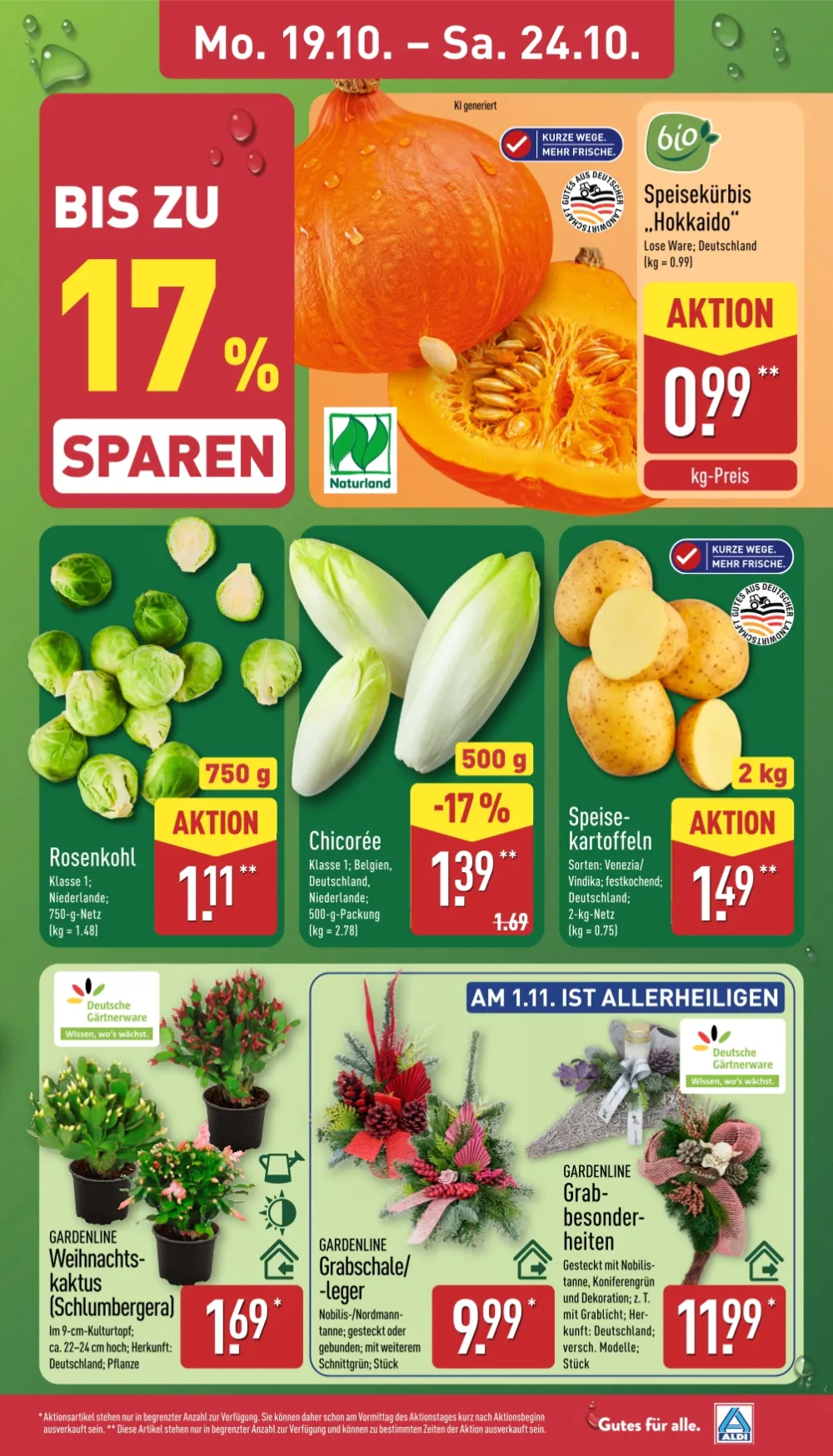 Aldi Nord Prospekt KW 43 Seite 3 mit Speisekürbis Hokkaido, Rosenkohl, Chicorée, Speisekartoffeln & Weihnachtskaktus