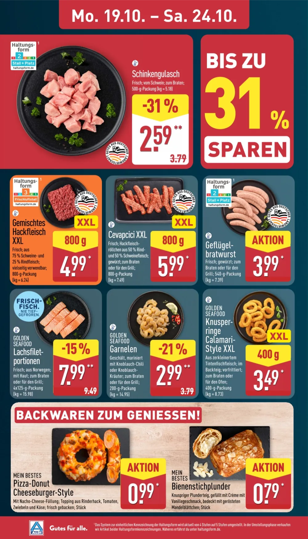 Aldi Nord Prospekt KW 43 Seite 4 mit Schinkengulasch, Gemischtes Hackfleisch XXL, Cevapcici XXL & Lachsfiletportionen