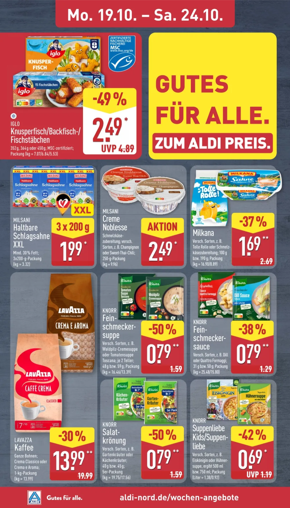 Aldi Nord Prospekt KW 43 Seite 6 mit Iglo Knusperfisch, Milsani Schlagsahne, Lavazza Kaffee & Knorr Suppe