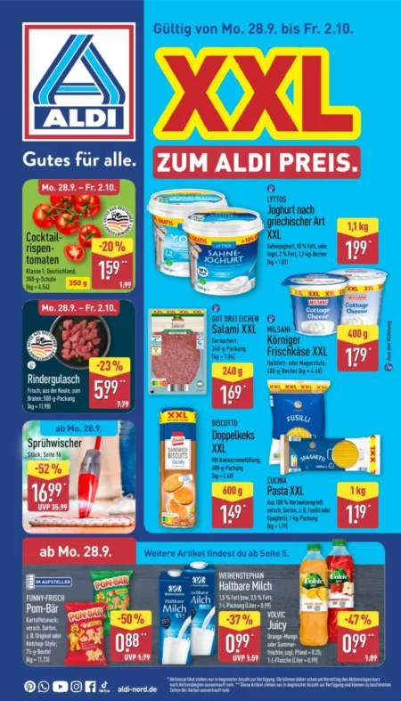 Aldi Nord Prospekt ab 28.09.2026 (KW 40) Aldi Nord Prospekt ab 28.09.2026 Seite 1 mit Tomaten, Rindergulasch, Sprühwischer, Joghurt, Salami XXL und Pom-Bär.