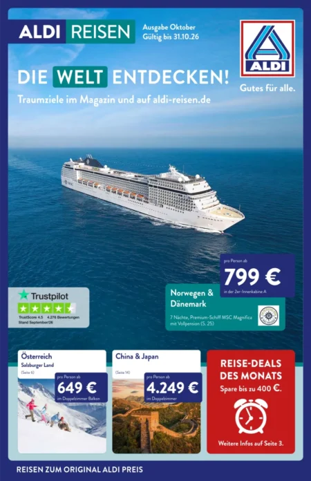 Aldi Nord Reisen Prospekt Oktober 2026 Aldi Nord Reisen Prospekt ab 01.10.2026 Seite 1 mit Kreuzfahrt Norwegen, Salzburger Land, China, Japan und Reise-Deals.