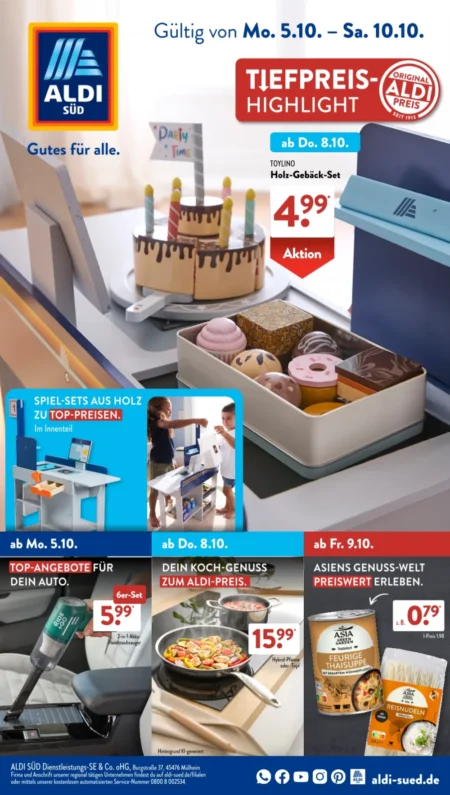 Aldi Süd Prospekt ab 05.10.2026 (KW 41) ALDI SÜD Prospekt ab 05.10.2026 Seite 1 mit Holz-Gebäck-Set, Akku-Handstaubsauger, Hybrid-Pfanne und Thai-Suppe.