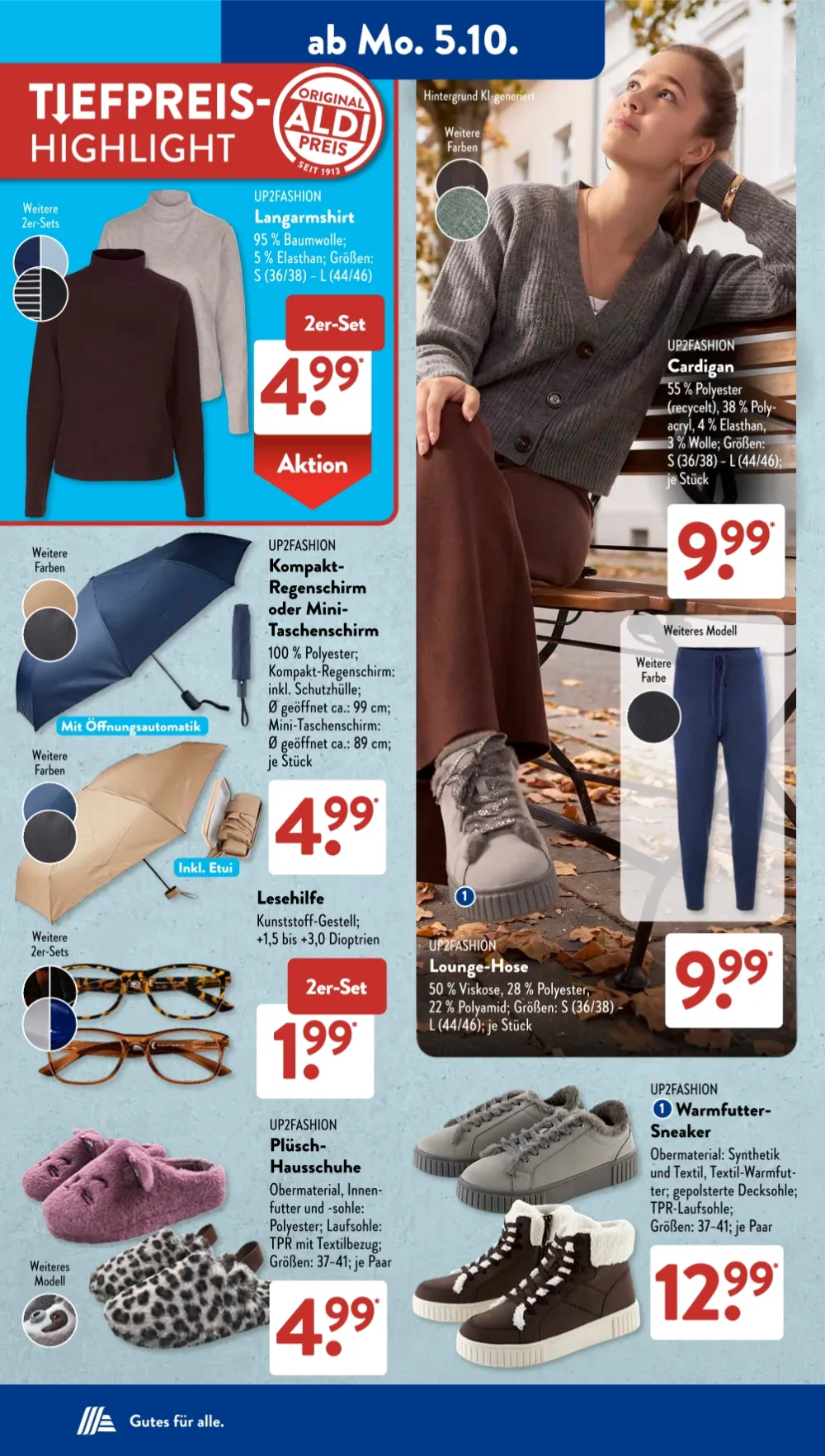 ALDI SÜD Prospekt KW 41 Seite 2 mit Langarmshirt, Cardigan, Regenschirm, Lesehilfe und Warmfutter-Sneaker.