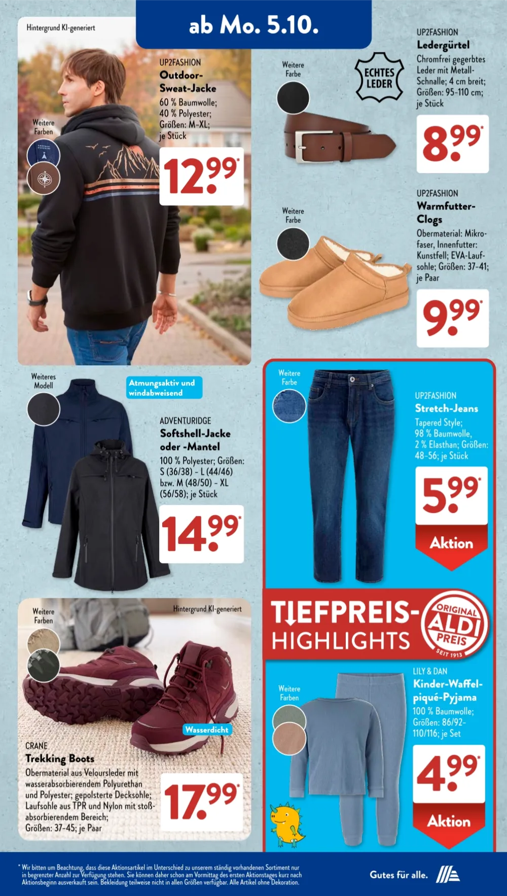 ALDI SÜD Prospekt KW 41 Seite 3 mit Outdoor-Sweat-Jacke, Ledergürtel, Softshell-Jacke und Trekking Boots.