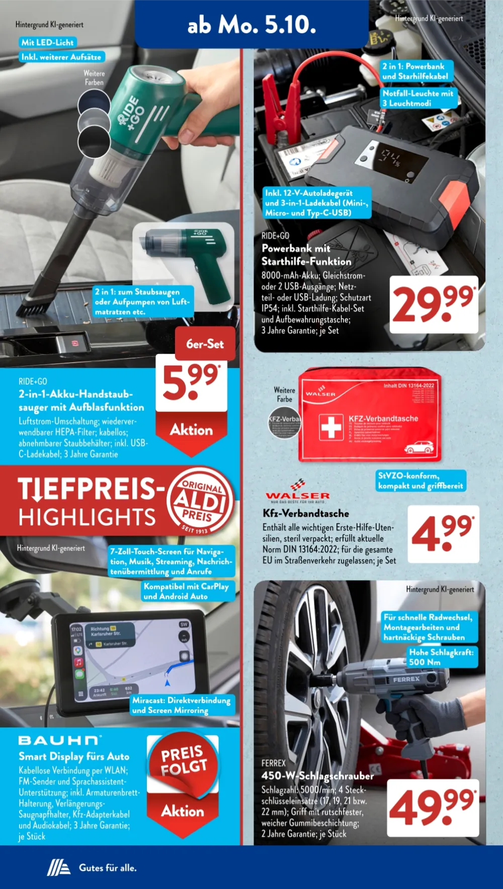 ALDI SÜD Prospekt KW 41 Seite 4 mit Akku-Handstaubsauger, Powerbank, Kfz-Verbandtasche und Smart Display.