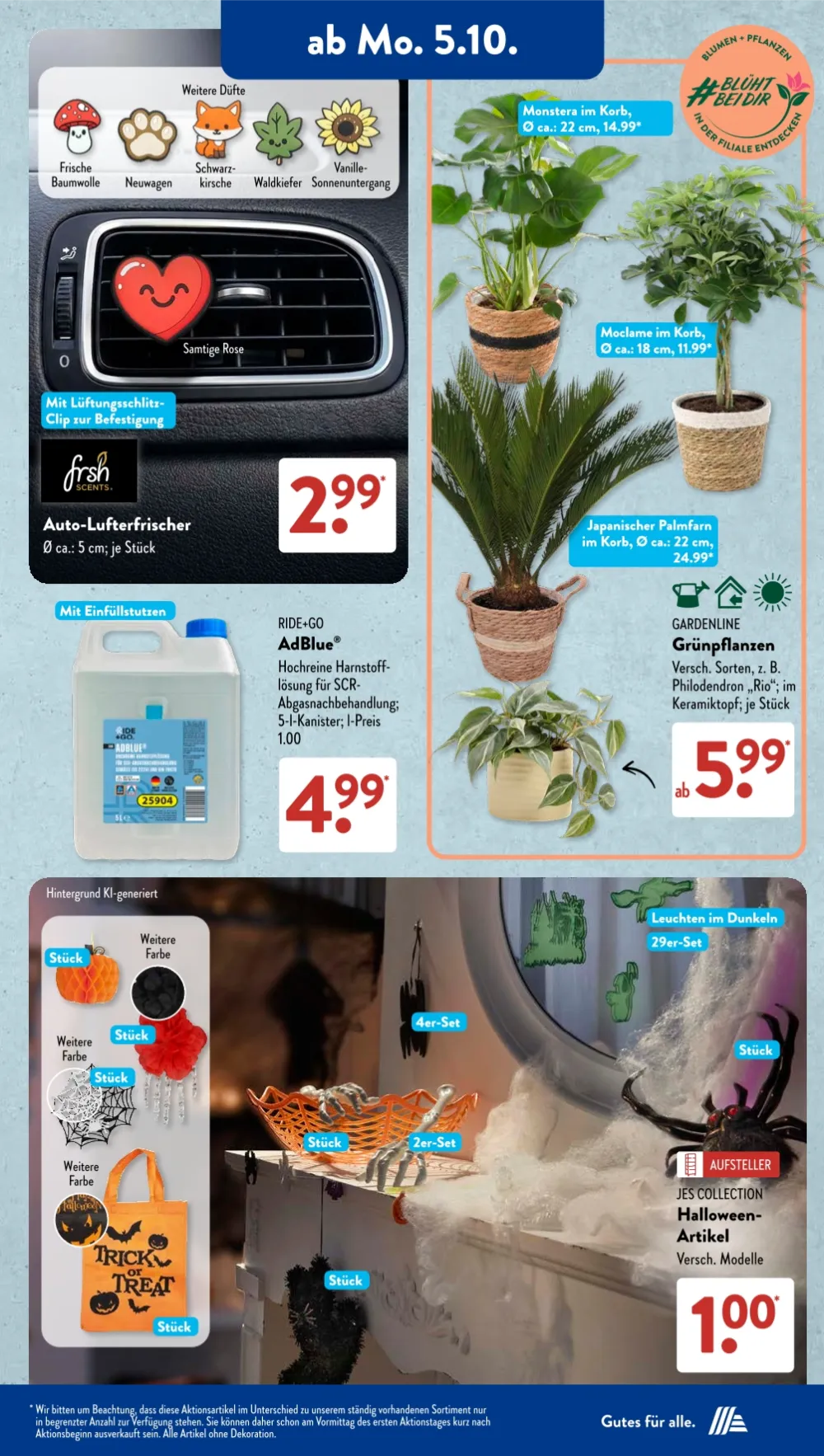 ALDI SÜD Prospekt KW 41 Seite 5 mit Auto-Lufterfrischer, AdBlue, Grünpflanzen im Korb und Halloween-Artikel.