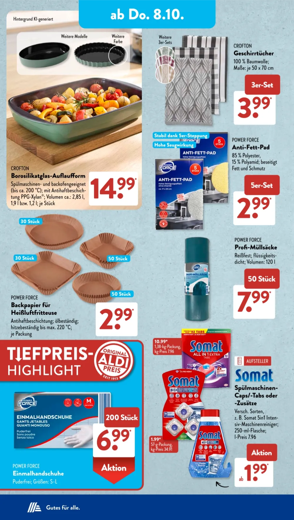 ALDI SÜD Prospekt KW 41 Seite 6 mit Auflaufform, Geschirrtüchern, Backpapier, Profi-Müllsäcken und Somat.