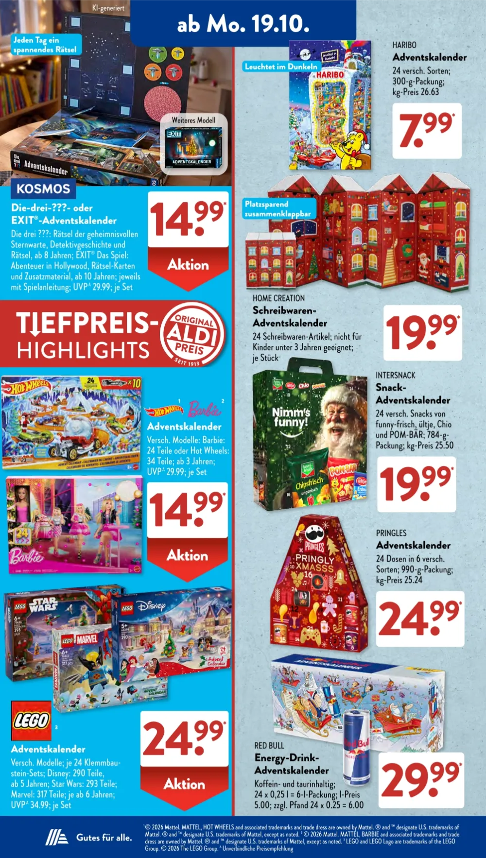Aldi Süd Prospekt KW 43 Seite 3 mit Die drei ???, Haribo, Barbie, Lego, Intersnack & Red Bull Adventskalendern