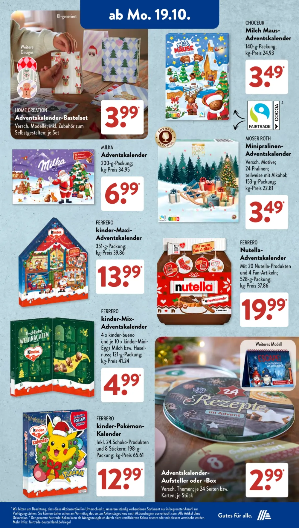 Aldi Süd Prospekt KW 43 Seite 4 mit Milka, kinder Maxi, Nutella, kinder-Pokémon & Milch Mäuse Adventskalendern