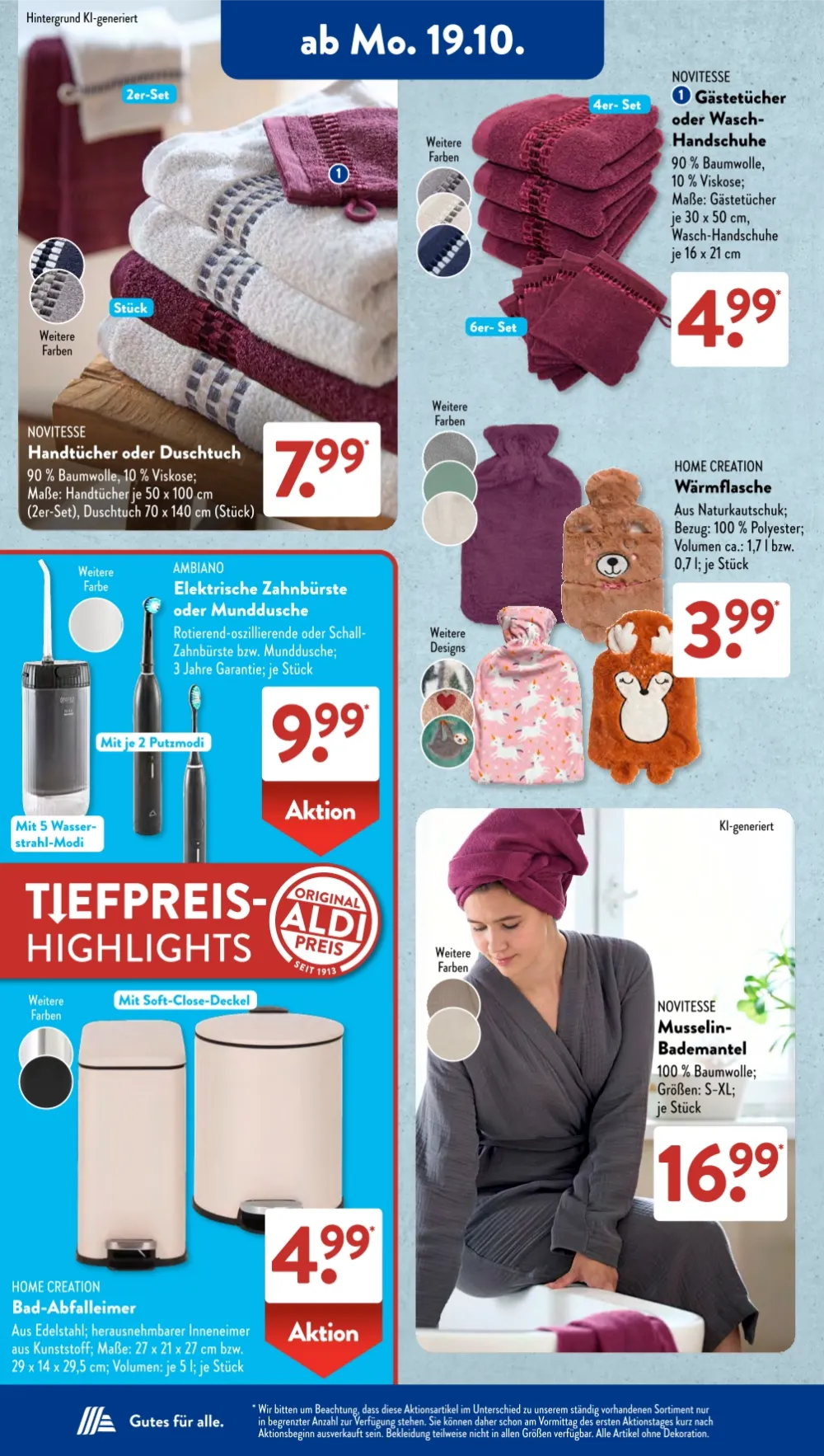 Aldi Süd Prospekt KW 43 Seite 5 mit Novitesse Handtüchern, Elektrischer Zahnbürste, Wärmflasche & Bademantel