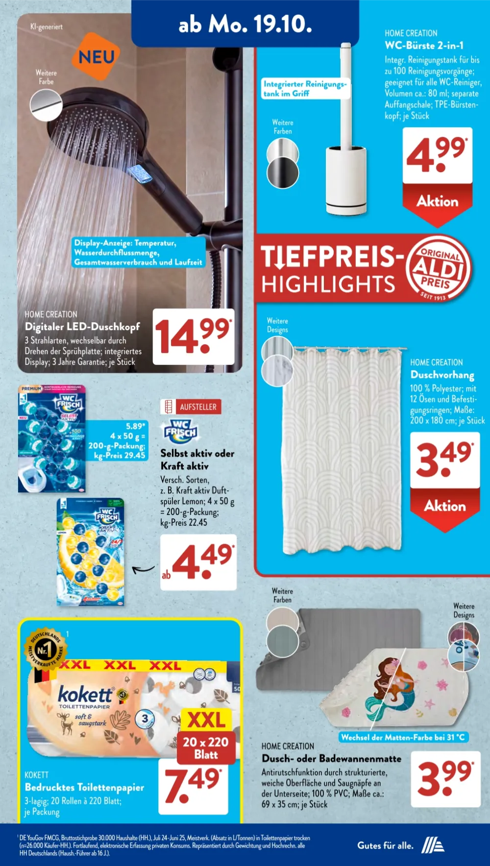 Aldi Süd Prospekt KW 43 Seite 6 mit LED-Duschkopf, WC-Bürste, WC Frisch, Duschvorhang & Kokett Toilettenpapier   