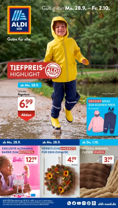 Aldi Süd Prospekt ab 28.09.2026 (KW 40) ALDI SÜD Prospekt ab 28.09.2026 Seite 1 mit Regenhose, ALDImania Barbie, Herbstkranz und Felloptik-Kissen.