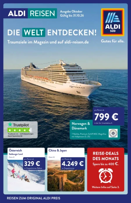 Aldi Süd Reisen Prospekt Oktober 2026 Aldi Süd Reisen Prospekt ab 01.10.2026 Seite 1 mit Kreuzfahrt Norwegen, Salzburger Land, China, Japan und Reise-Deals.