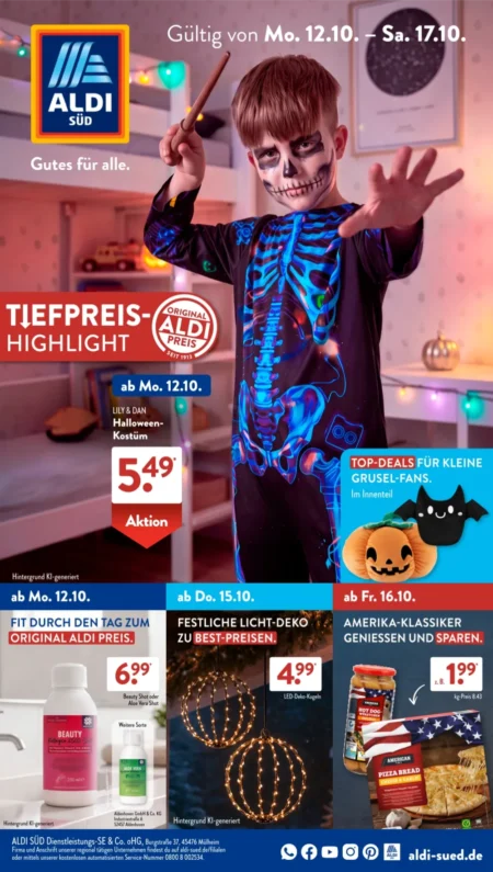 Aldi Süd Prospekt ab 12.10.2026 (KW 42) Aldi Süd Angebote ab 12.10.2026 Seite 1 mit Angeboten für Halloween-Kostüm, Beauty Shot, LED-Deko-Kugeln und Pizza Bread.
