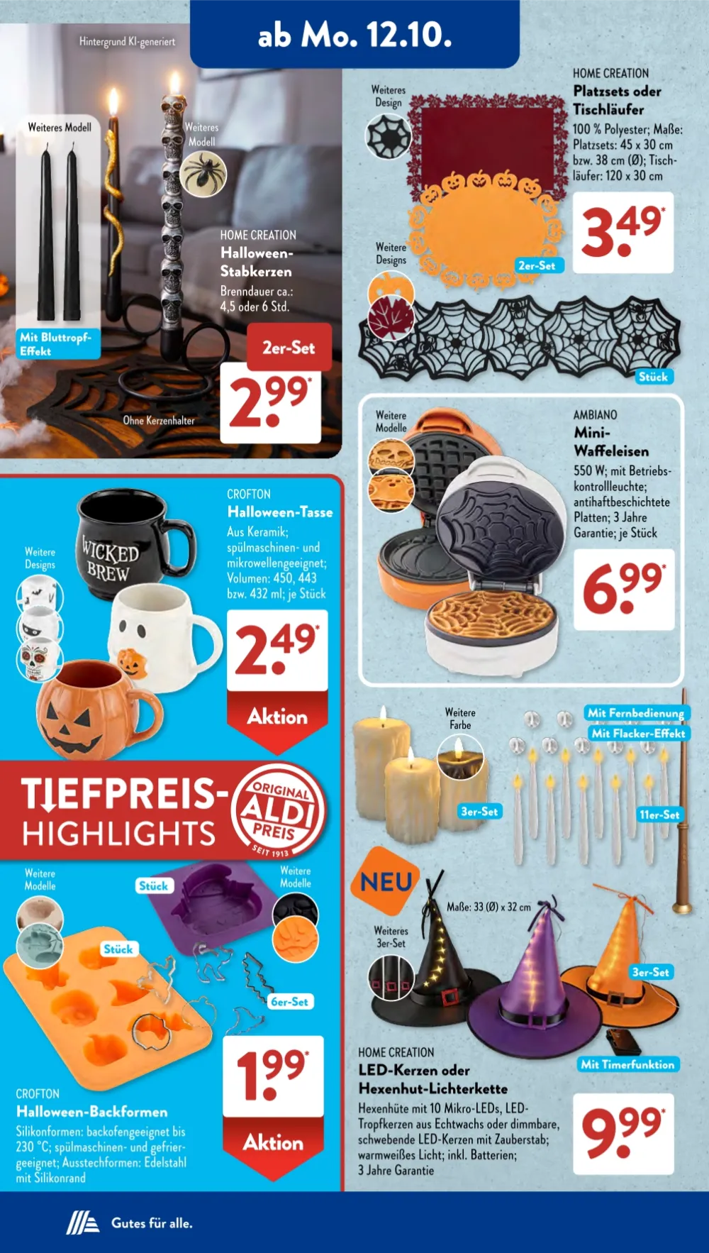 Aldi Süd Angebote KW42 Seite 2 mit Angeboten für Halloween-Stabkerzen, Tischläufer, Tassen, Waffeleisen und Backformen.