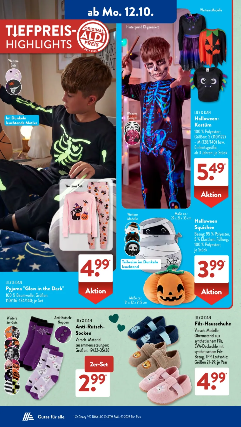 Aldi Süd Angebote KW42 Seite 4 mit Angeboten für Kinder Pyjama, Halloween-Kostüm, Squishee, Socken und Filz-Hausschuhe.