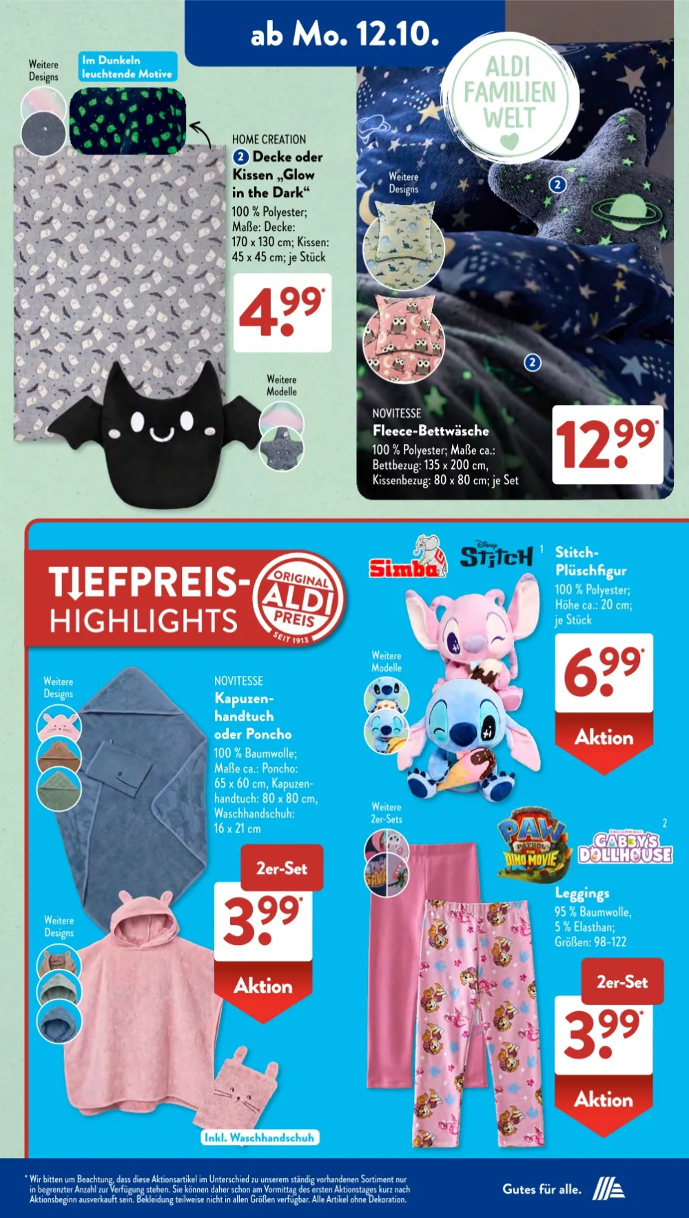 Aldi Süd Angebote KW42 Seite 5 mit Angeboten für Glow-Kissen, Fleece-Bettwäsche, Kapuzenponcho und Stitch-Plüschfigur.