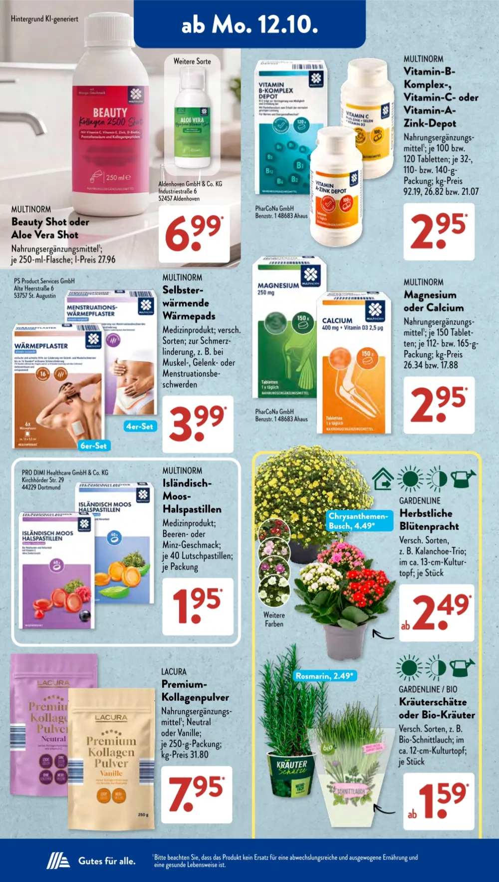 Aldi Süd Angebote KW42 Seite 6 mit Angeboten für Vitamin B, Wärmepads, Magnesium, Halspastillen, Kollagen und Pflanzen.