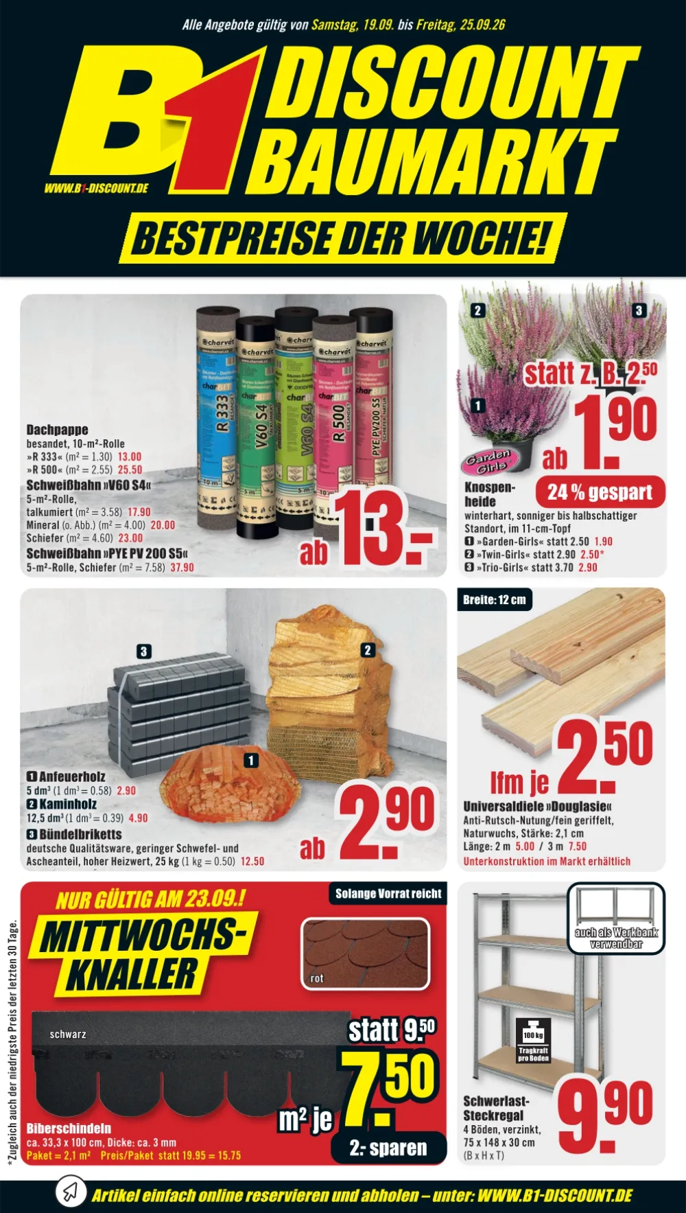 B1 Discount Baumarkt Prospekt ab 19.09.2026 Seite 1 mit Dachpappe, Knospenheide, Kaminholz und Steckregal.