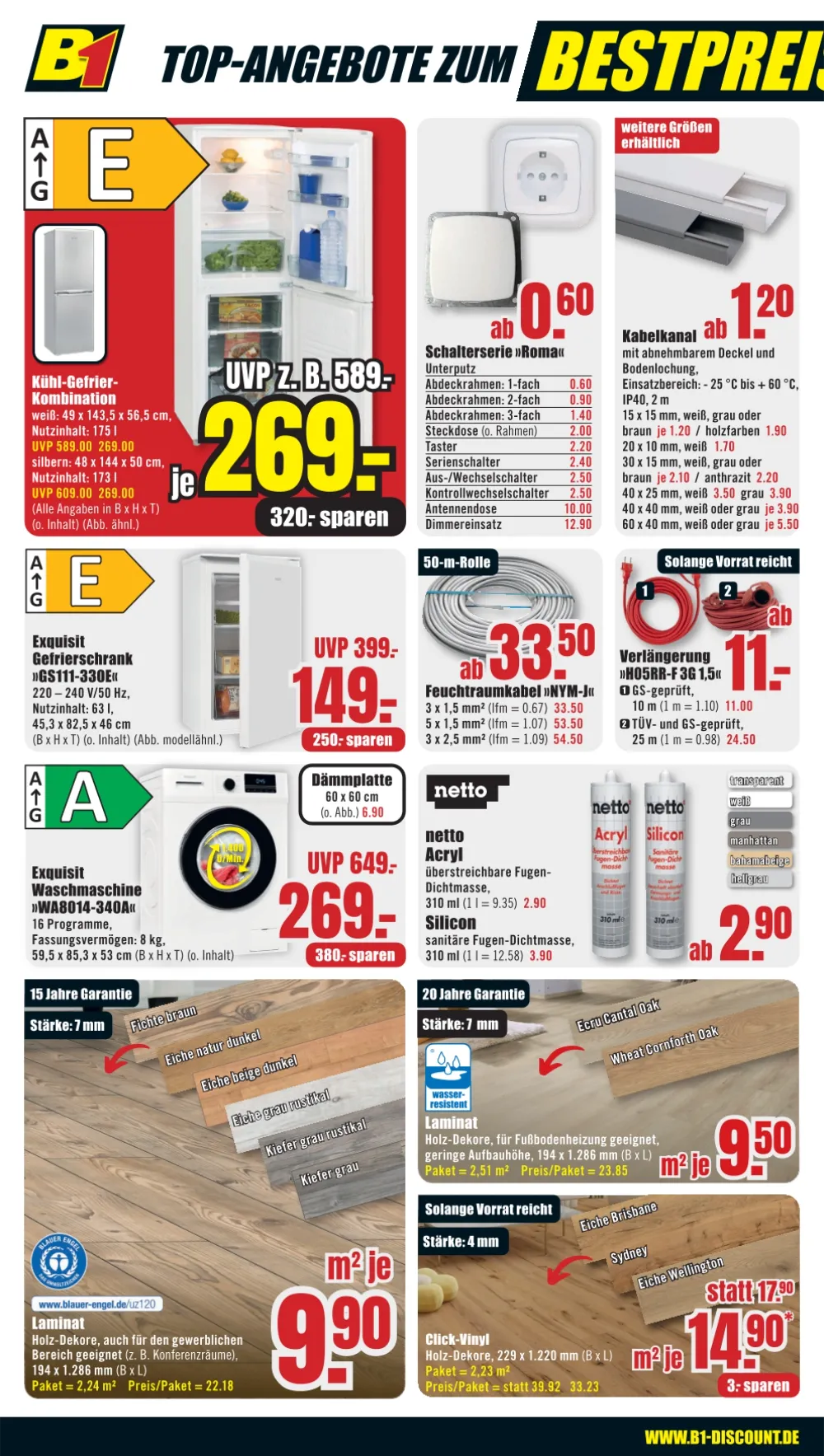 B1 Discount Baumarkt Prospekt KW 39 Seite 2 mit Kühl-Gefrier-Kombination, Gefrierschrank, Waschmaschine und Laminat.