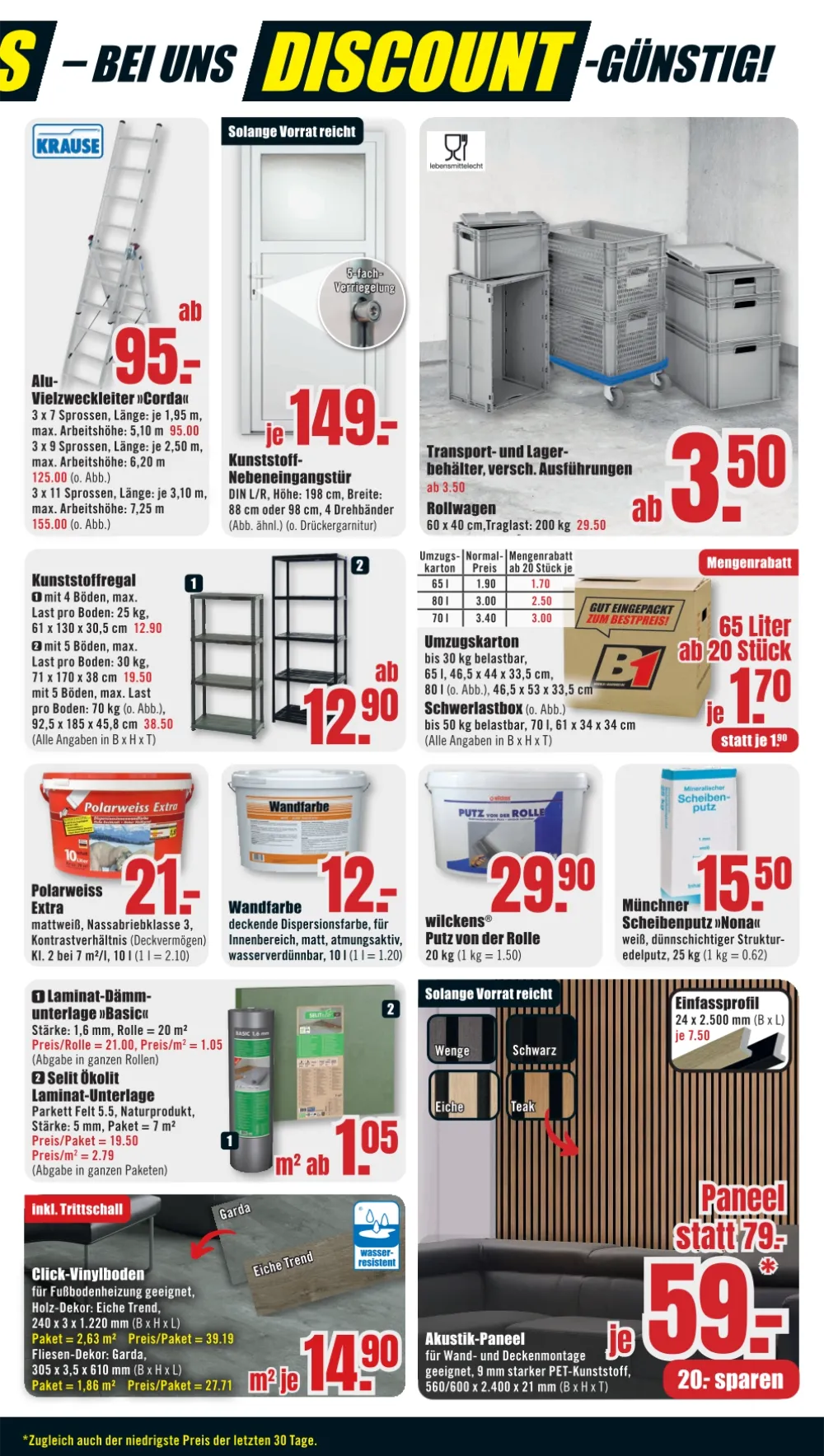 B1 Discount Baumarkt Prospekt KW 39 Seite 3 mit Vielzweckleiter, Polarweiss Wandfarbe und Akustik-Paneel.