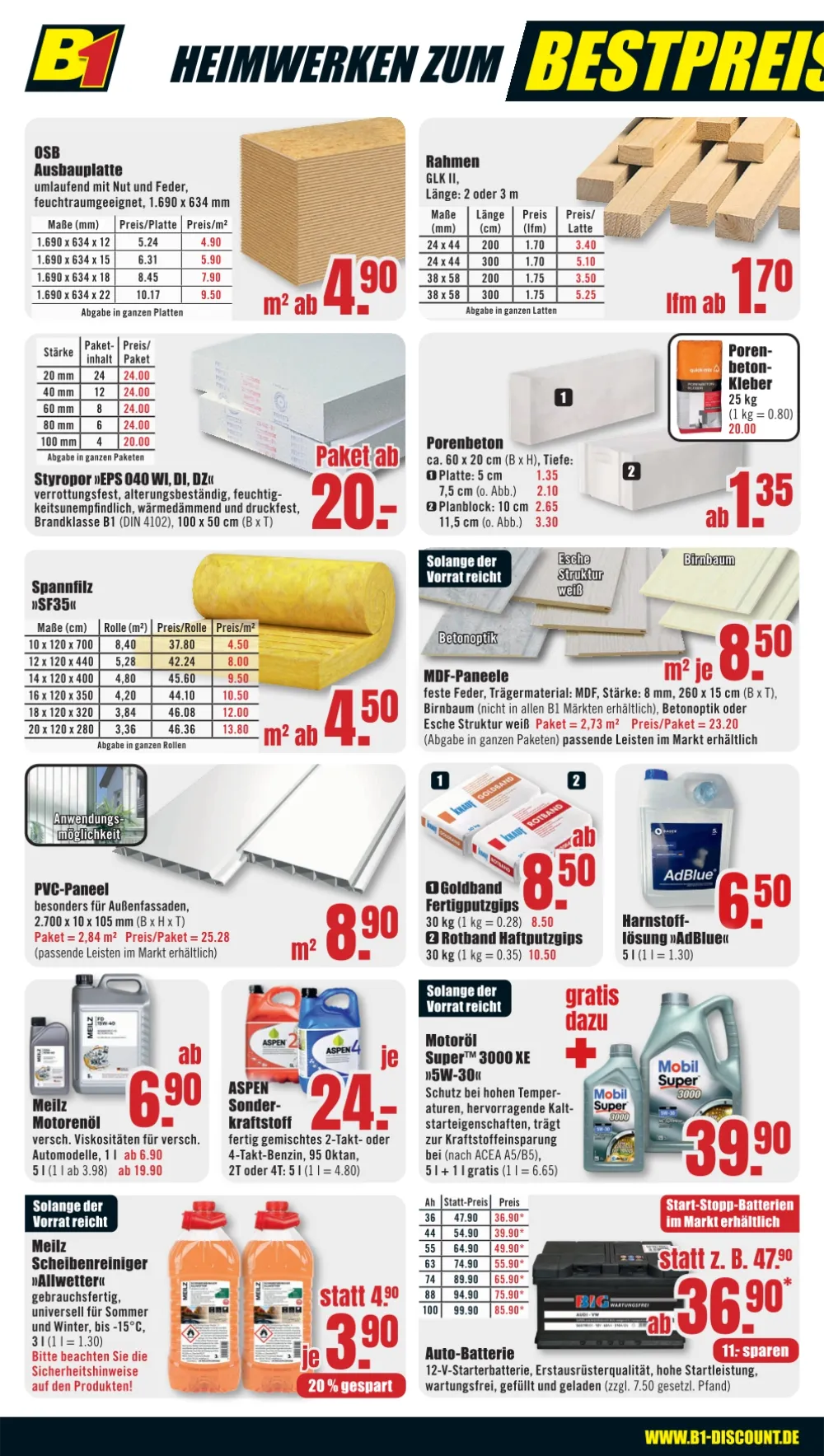 B1 Discount Baumarkt Prospekt KW 39 Seite 4 mit OSB-Ausbauplatte, Porenbeton, Mobil Motoröl und Autobatterie.