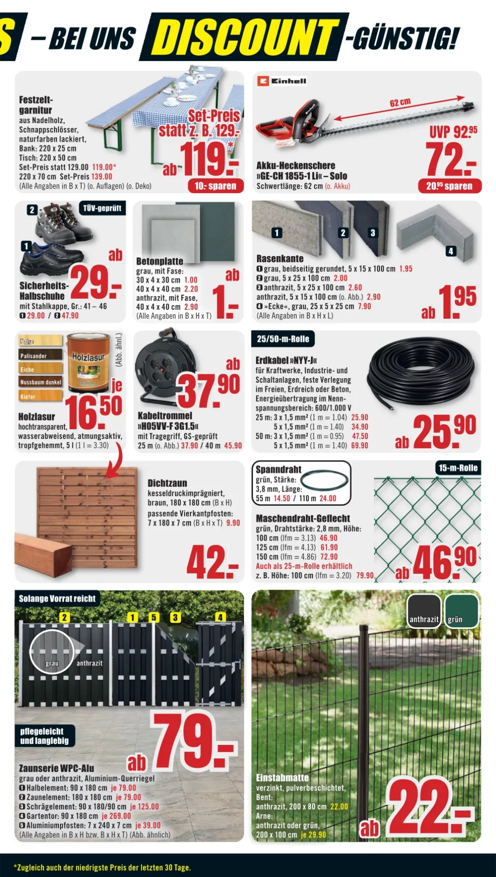 B1 Discount Baumarkt Prospekt KW 39 Seite 5 mit Festzeltgarnitur, Einhell Heckenschere, Holzlasur und Zaunserie.