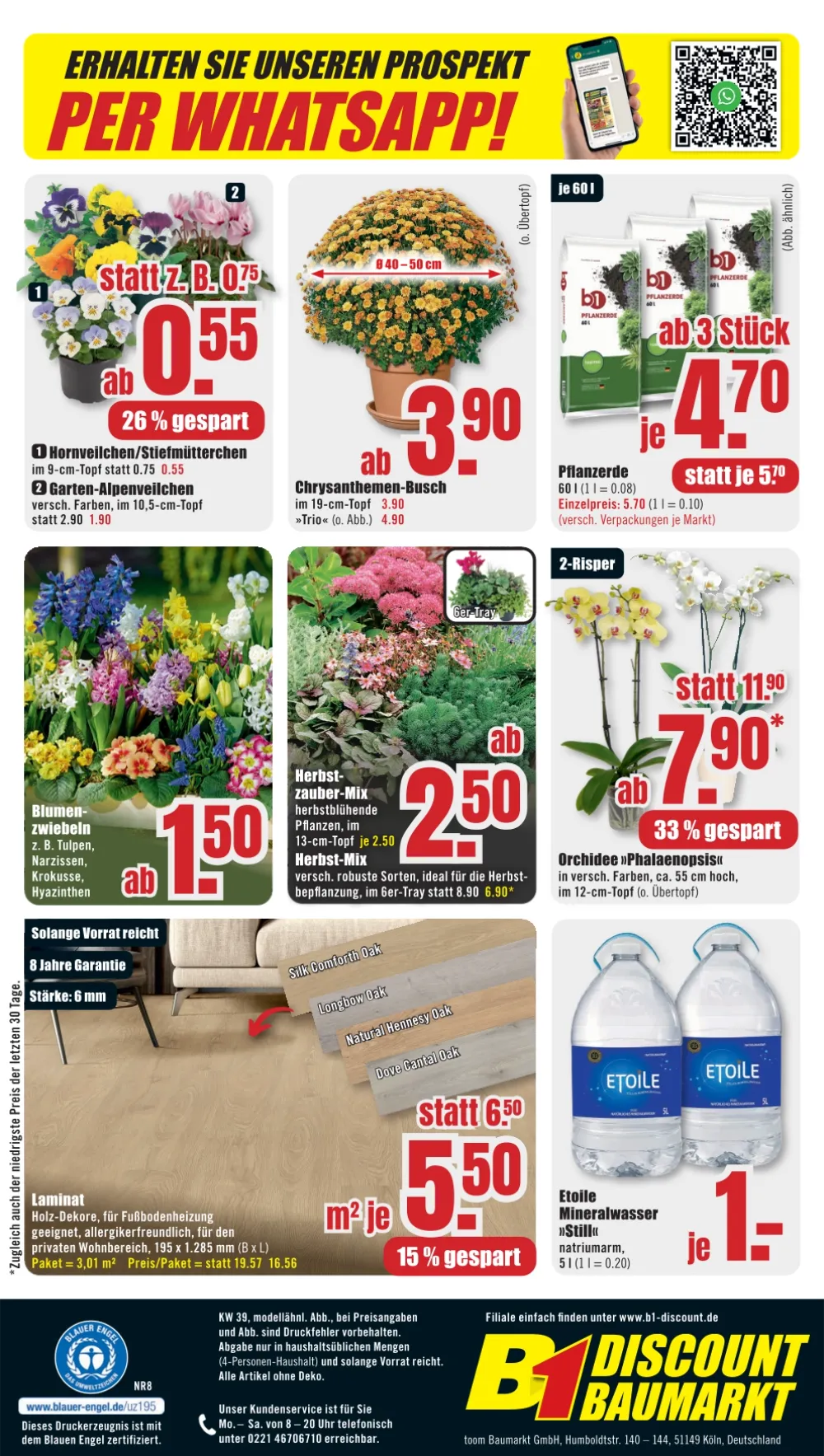 B1 Discount Baumarkt Prospekt KW 39 Seite 6 mit Hornveilchen, Chrysanthemen, Orchidee und Pflanzerde.