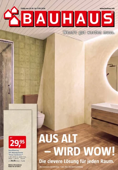 Bauhaus Prospekt ab 02.10.2026 (KW 41–42) Bauhaus Prospekt ab 02.10.2026 Seite 1 mit Decoflooring SPC-Wandpaneelen Fliese Sardinien für Bad & Wohnraum