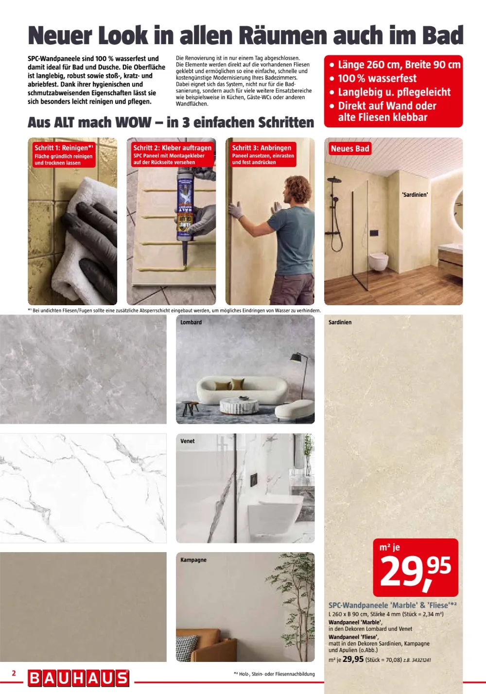Bauhaus Prospekt KW41 Seite 2 mit SPC-Wandpaneelen Marble und Fliese in verschiedenen Dekoren