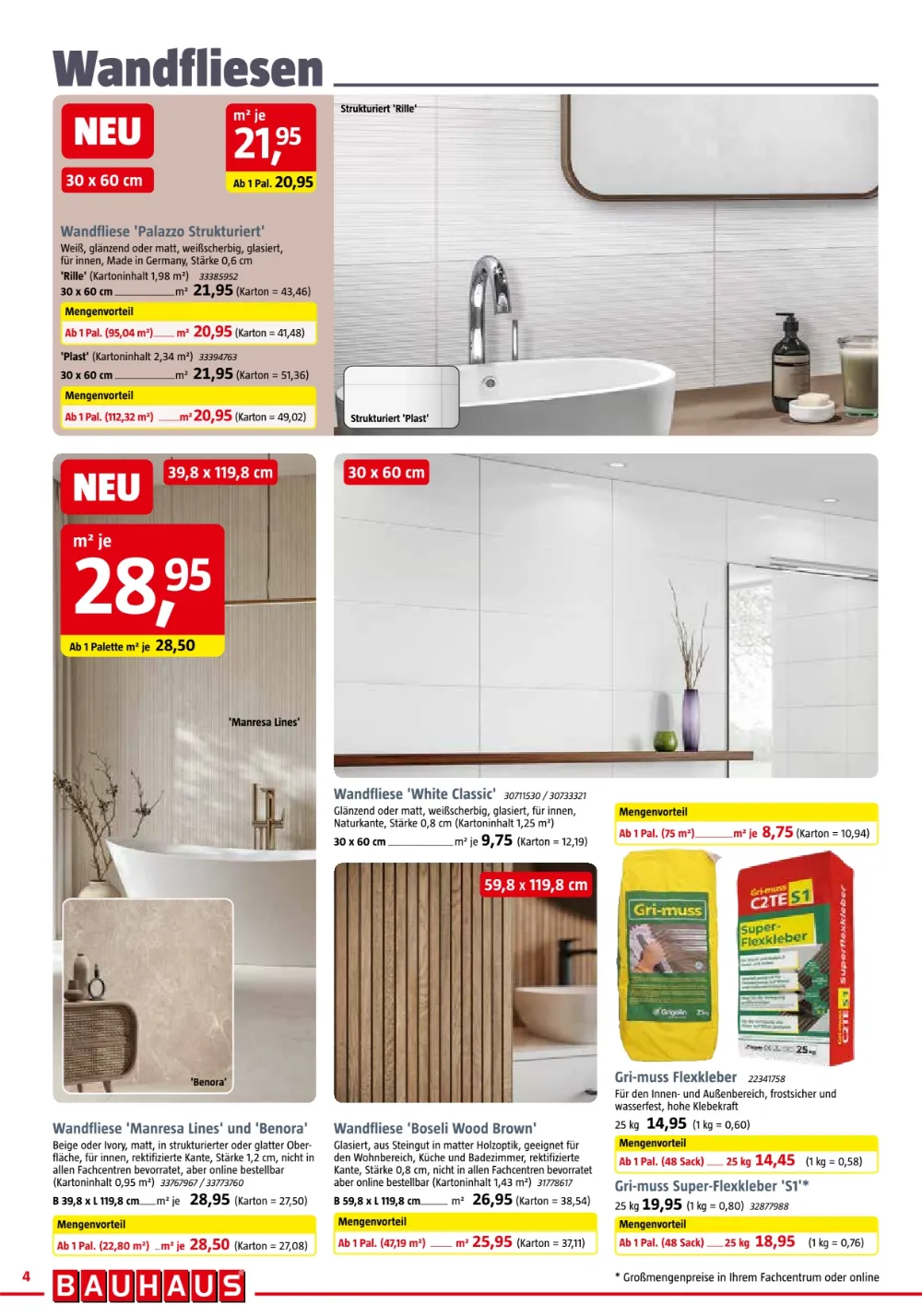 Bauhaus Prospekt KW41 Seite 4 mit Wandfliesen Palazzo, White Classic, Boseli Wood Brown & Flexkleber