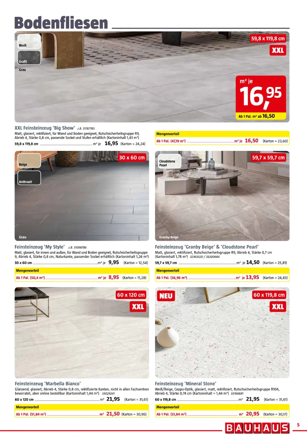 Bauhaus Prospekt KW41 Seite 5 mit Feinsteinzeug Bodenfliesen Big Show, My Style, Granby & Mineral Stone