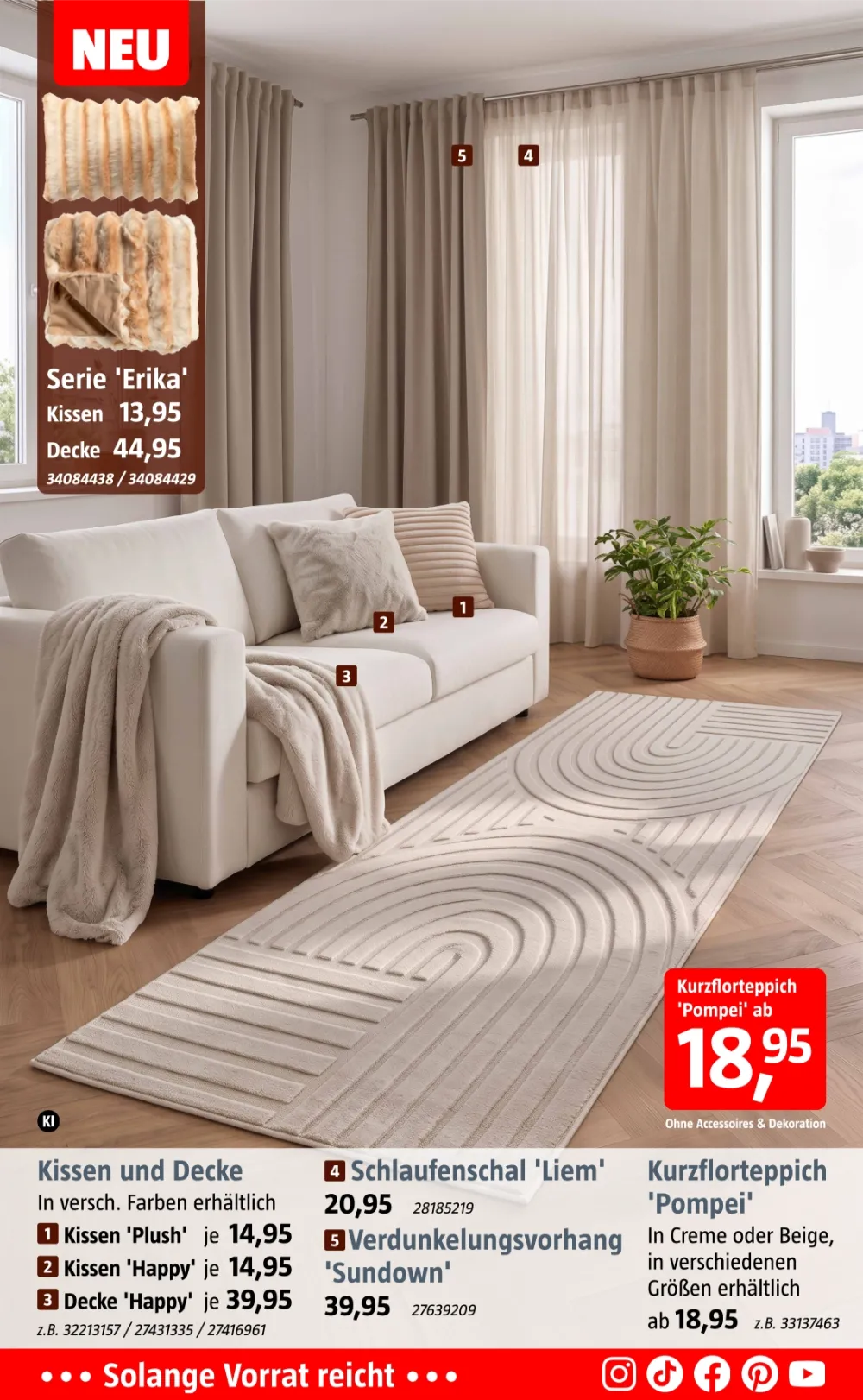 Bauhaus Prospekt KW 43 Seite 5 mit Serie Erika Kissen, Schlaufenschal Liem & Kurzflorteppich Pompei