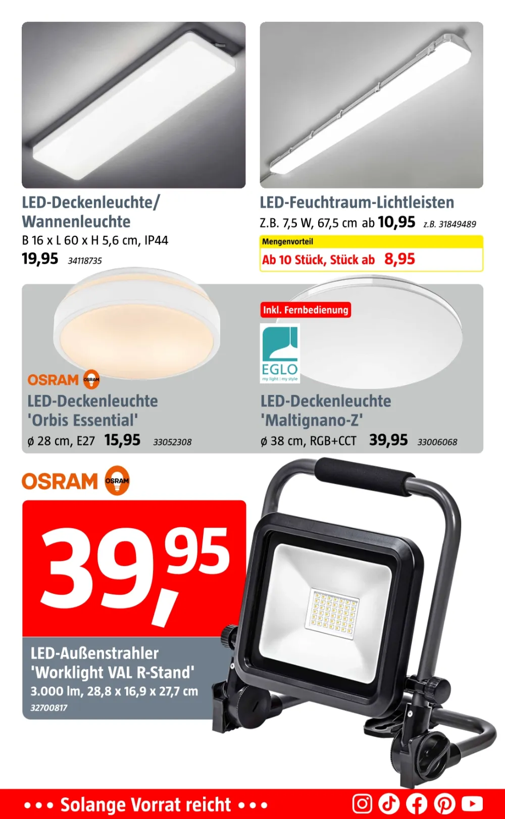 Bauhaus Prospekt KW 43 Seite 6 mit LED-Deckenleuchte Wannenleuchte, OSRAM Orbis Essential & Worklight VAL R-Stand