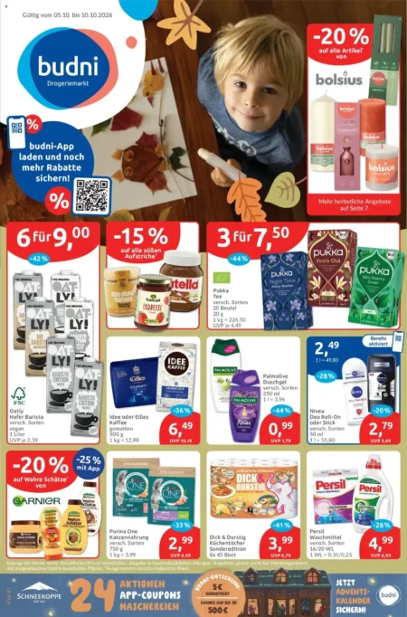 Budni Prospekt ab 05.10.2026 (KW 41) Budni Prospekt ab 05.10.2026 Seite 1 mit Oatly Haferdrink, Nutella, Pukka Tee, Palmolive Duschgel und Persil.