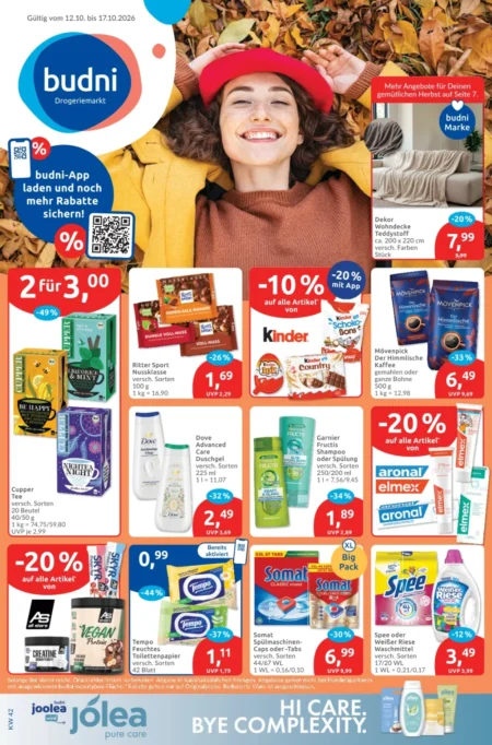 Budni Prospekt ab 12.10.2026 (KW 42) Budni Prospekt ab 12.10.2026 Seite 1 mit Ritter Sport, Mövenpick Kaffee, Cupper Tee, Dove Duschgel & Somat