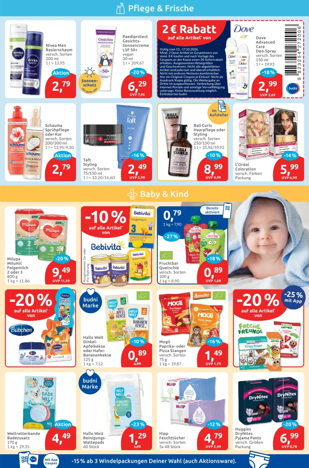 Budni Prospekt KW 42 Seite 3 mit Nivea Men, Paediprotect, Schauma, Taft Styling, Bebivita, Hipp & Huggies