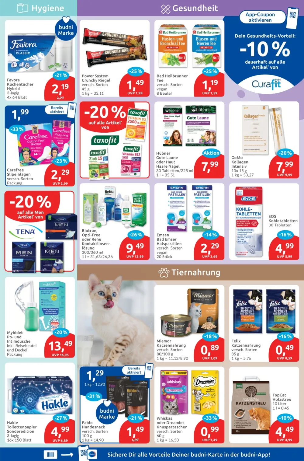 Budni Prospekt KW 42 Seite 5 mit Favora Küchentücher, Bad Heilbrunner, taxofit, Miamor, Felix, Whiskas & Hakle
