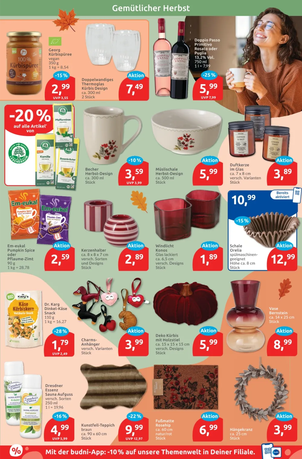 Budni Prospekt KW 42 Seite 7 mit Kürbispüree, Doppio Passo, Lebensbaum Tee, Em-eukal & Dresdner Essenz