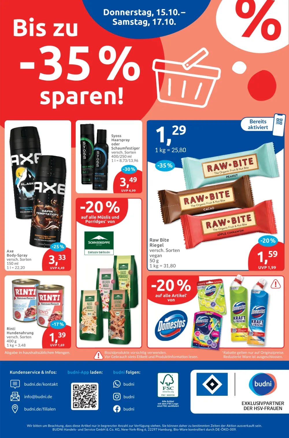 Budni Prospekt KW 42 Seite 8 mit Axe Body-Spray, Syoss Haarspray, Raw Bite Riegel, Rinti & Domestos