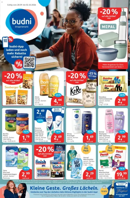 Budni Prospekt ab 28.09.2026 (KW 40) Budni Prospekt ab 28.09.2026 Seite 1 mit Seeberger, KoRo, Marabou, Barilla Pesto, Rexona, Nivea, Elvital und Persil.