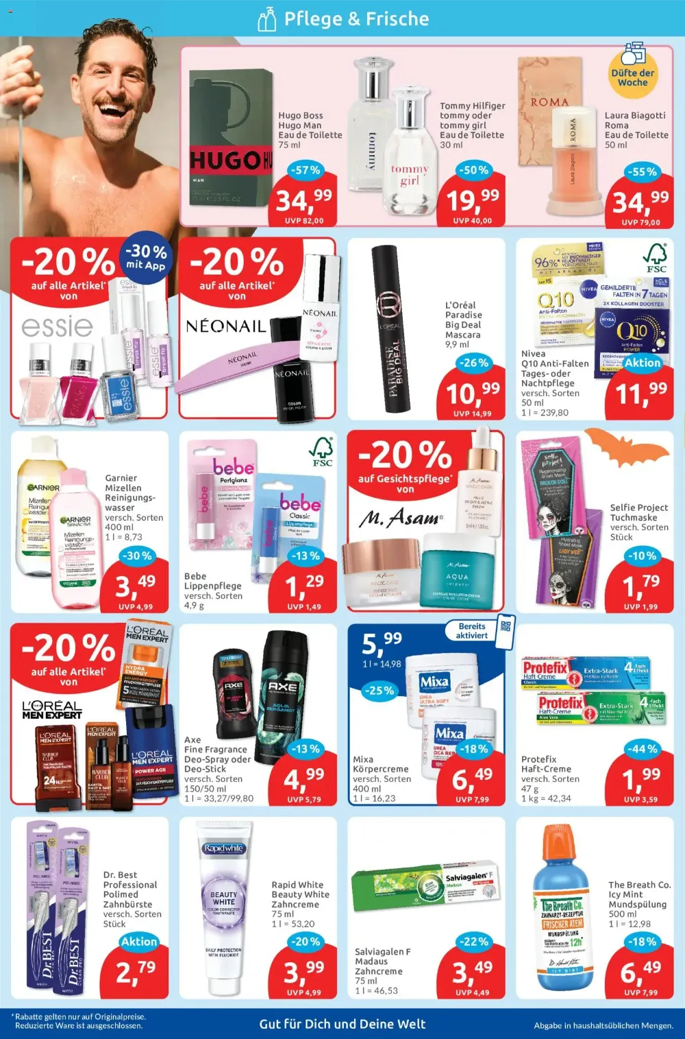Budni Prospekt KW 40 Seite 2 mit Parfum, Essie Nagellack, Garnier Mizellenwasser, Axe, Mixa und Zahncreme.