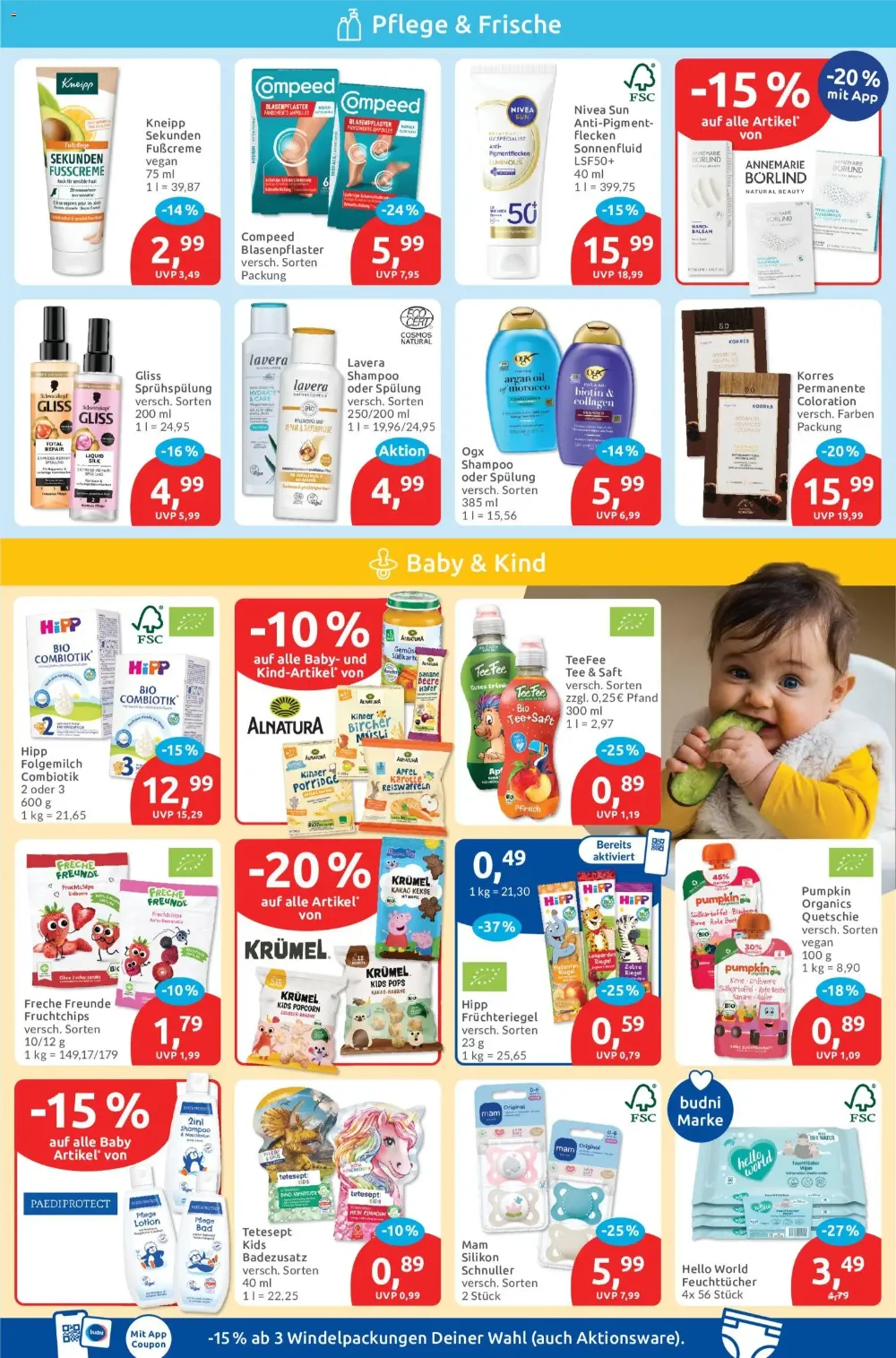 Budni Prospekt KW 40 Seite 3 mit Kneipp Fußcreme, Compeed, Hipp Babynahrung, Alnatura, Tetesept und Schnuller.