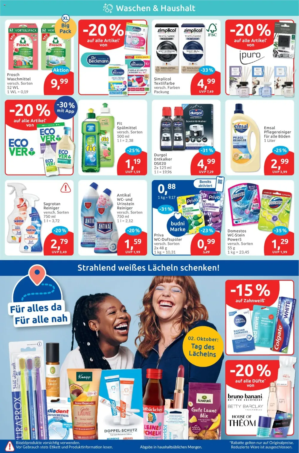 Budni Prospekt KW 40 Seite 4 mit Frosch Waschmittel, Fit Spülmittel, Sagrotan, Domestos und Zahnpflege.