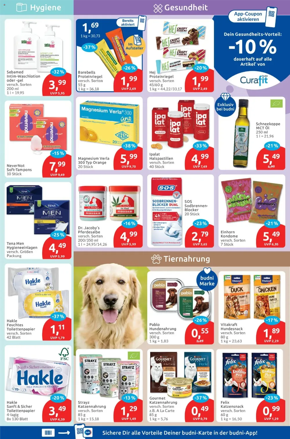 Budni Prospekt KW 40 Seite 5 mit Sebamed, Proteinriegel, Hakle Toilettenpapier, Pablo Hundefutter und Felix Snacks.