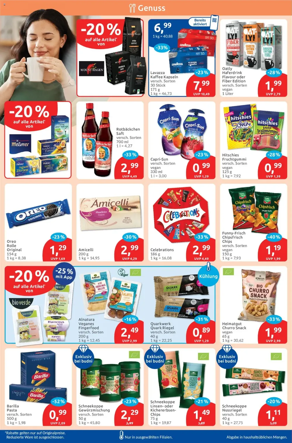 Budni Prospekt KW 40 Seite 6 mit Lavazza Kaffee, Oatly Haferdrink, Capri-Sun, Oreo, Barilla Pasta und Snacks.