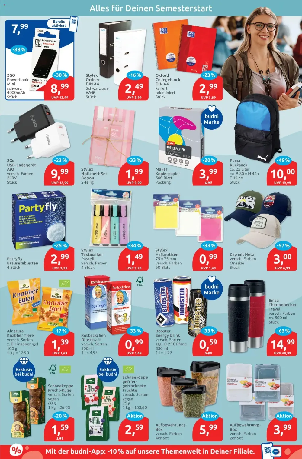 Budni Prospekt KW 40 Seite 7 mit Schreibwaren, Puma Rucksack, Emsa Thermobecher, Booster Energy und Snacks.